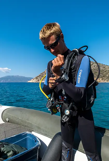Man wearing diving suit, adjusting his sleave
